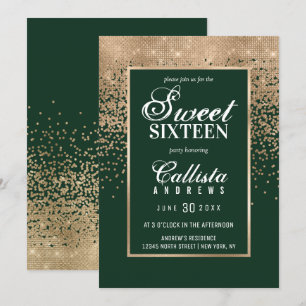 Chic Forest Grönt Guld Glitter Confetti Sweet 16 Inbjudningar