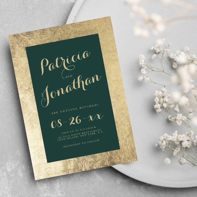 Chic Forest grönt guld ram calligraphy bröllop Inbjudningar (Chic forest green gold frame calligraphy wedding)