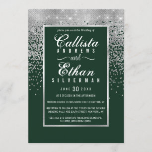 Chic Forest Grönt Silver Glitter Confetti Bröllop Inbjudningar