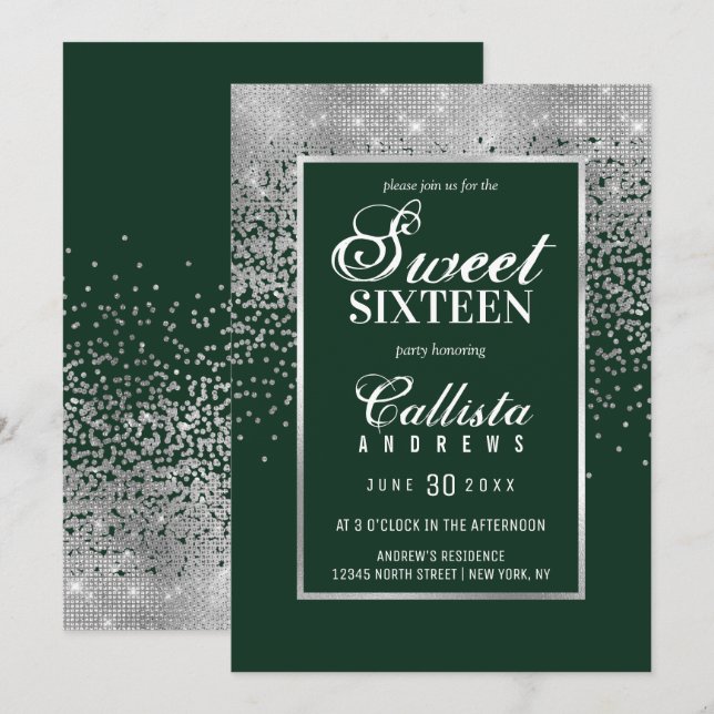 Chic Forest Grönt Silver Glitter Confetti Sweet 16 Inbjudningar (Fram/baksida)