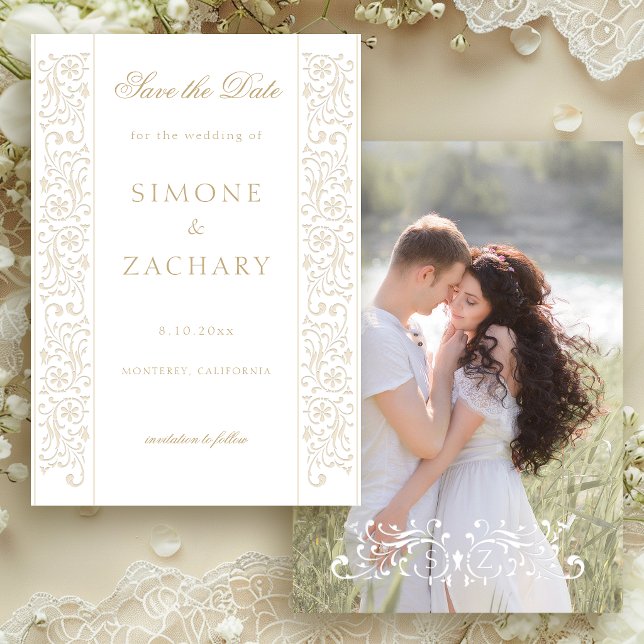 Chic Formal Ecru Scrollwork Border Wedding Spara Datumet (Skapare uppladdad)