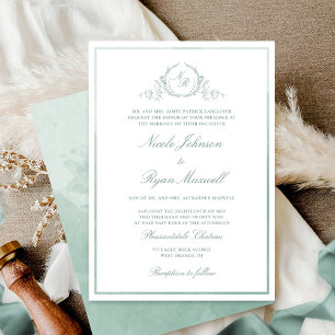 Chic Formell Monogram Blek Grönt Vattenfärg Bröllo Inbjudningar