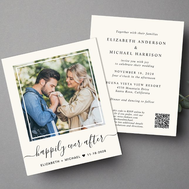 Chic Foto QR Code Budget Cream Wedding bjudande (Input your wedding website address to create a QR code)