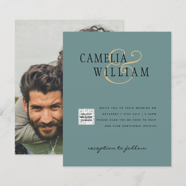 Chic Fotobröllop - bjud in QR-Spara - Grönt för da (Fram/baksida)