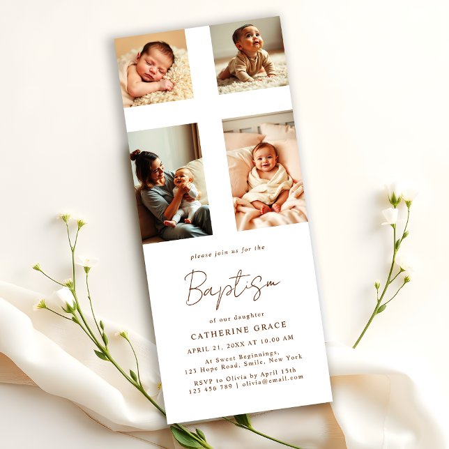 Chic fotokollage Kors Dop av baby Inbjudningar (Skapare uppladdad)