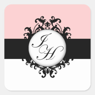Chic Fransk Black Monogram Damask Labels Fyrkantigt Klistermärke