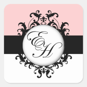 Chic Fransk Black Monogram Damask Labels Square Fyrkantigt Klistermärke