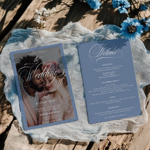 Chic Fransk Blue Script All in One Photo Bröllop Inbjudningar