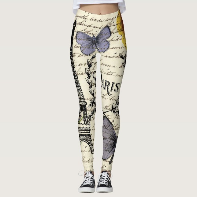 chic fransk Butterfly-skript paris eiffel torn Leggings (Framsida)