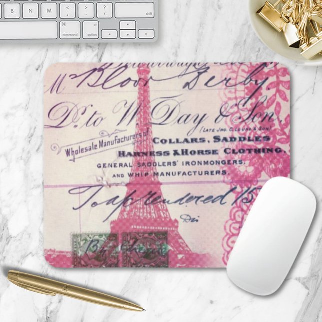 chic fransk-skript snöre rosa paris eiffel torn musmatta (chic french scripts lace pink paris eiffel tower mouse pad)