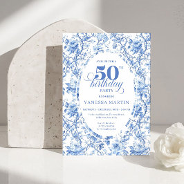 Chic French Toile de Jouy Blue Roses 50th Birthday Inbjudningar