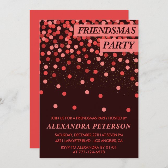 Chic Friendsmas inbjudan Red Glitter Confetti (Fram/baksida)