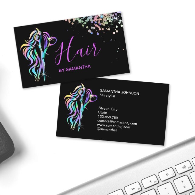 Chic frisörstylist typografi holografiska saxar visitkort (glitter holographic hair stylist business cards)