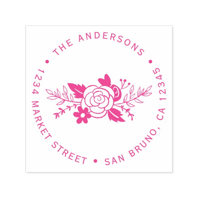 Chic Fuchsia Ro Round Typography Returadress Självfärgande Stämpel (Design)