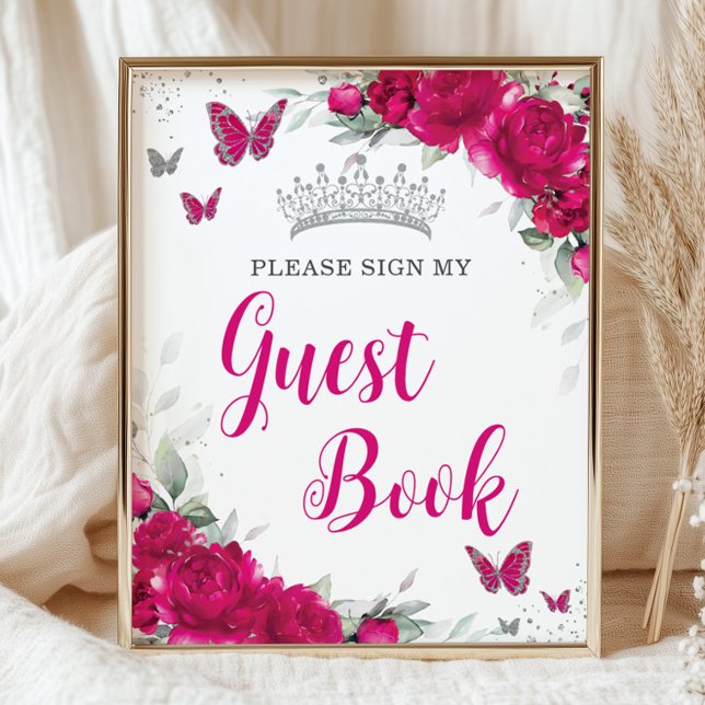 Chic Fuchsia Rosa Blommigt Quinceañera Guest Bok Poster (Skapare uppladdad)