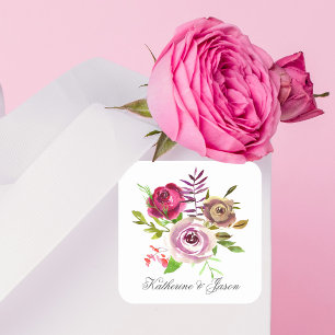 Chic Fuchsia Rosa Blommigt Romantic Garden Wedding Fyrkantigt Klistermärke