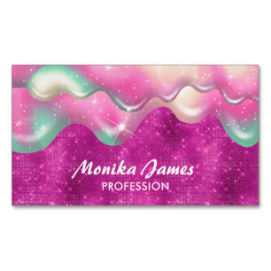 Chic Fuchsia Rosa Sweet Drip Faux Glitter Monogram Magnetiska Visitkort
