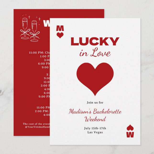 Chic Fun Red Lucky In Love Bachelorette Itinerary Inbjudningar (Fram/baksida)
