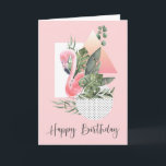 Chic Funny Tropical Rosa Flamingo Birthday Kort<br><div class="desc">Det här tropiska födelsedagskortet för henne är stiligt unikt och otäckt och har en fantastisk flamingo i rosa som är placerad i en tropisk kollage med geometriska former i lager och tropisk löv. Texten från Grattis på födelsedagen är skriven i ett vackert handskrivet stil. Texten på det inre kortet kan...</div>