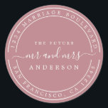 Chic Future Mr Mrs Returadress Dammig Rosa Runt Klistermärke<br><div class="desc">Chic, modern och enkel vigsel returadress klassisk rund dekalj med texten the future Mr and Mrs i off-svart elegant script på en dammig rosa bakgrund. Lägg bara till ditt namn och adress. Exklusivt designad för dig av Happy Dolphin Studio. Om du behöver hjälp eller matchande produkter, vänligen kontakta oss på...</div>