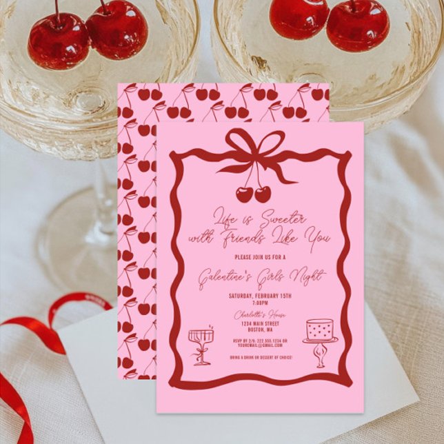 Chic Galentins dag Bow Rosa och Cherry Red Inbjudningar (Life is Sweeter with Friends Like You Galentine's Day Brunch Invitation, Girls Night Out, Valentines)
