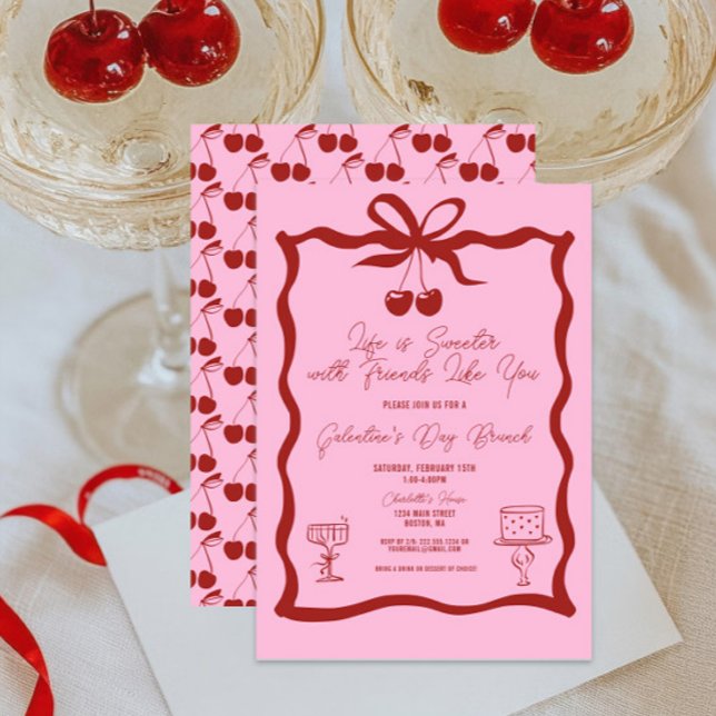 Chic Galentins dag Bow Rosa och Cherry Red Inbjudningar (Life is Sweeter with Friends Like You Galentine's Day Brunch Invitation, Girls Night Out, Valentines)