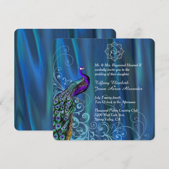 Chic Ganesha Blue Satin och Peacock Bröllop  Inbjudningar (Fram/baksida)
