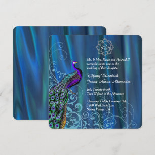 Chic Ganesha Blue Satin och Peacock Bröllop Inbjudningar