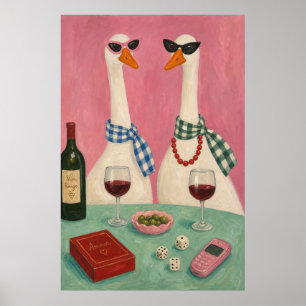 Chic Gås Vin Natt – Whimsical Rosa Bistro Poster