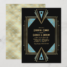 Chic Gatsby Art Deco Blå & Guld Övningsmiddagsinbj Inbjudningar