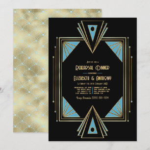 Chic Gatsby Art Deco Blå & Guld Övningsmiddagsinbj Inbjudningar