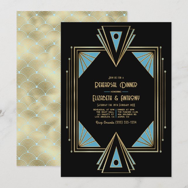 Chic Gatsby Art Deco Blå & Guld Övningsmiddagsinbj Inbjudningar (Fram/baksida)