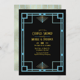Chic Gatsby Art Deco Blue & Gold Couples Shower Inbjudningar