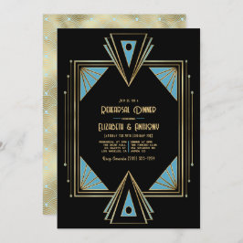 Chic Gatsby Art Deco Blue & Gold Rehearsal Dinner Inbjudningar