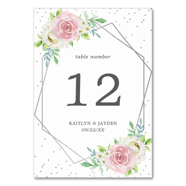 Chic Geometric Silver Foil Blommigt Bröllop Bordsnummer (Framsidan)