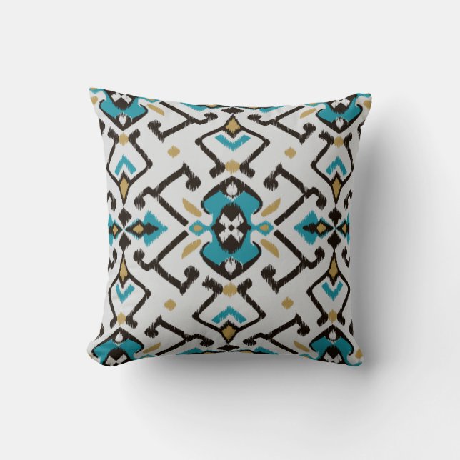 Chic geometric teal black ikat tribal mönster kudde (Framsida)