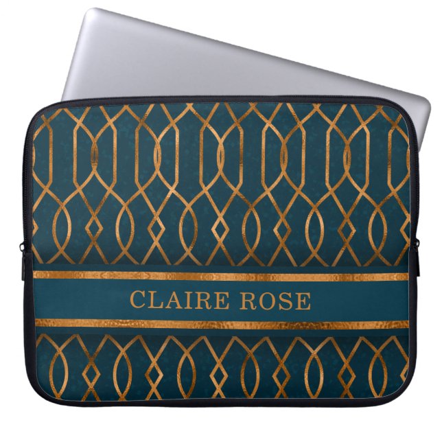 Chic Geometric Teal Guld Lattice Mönster Laptop Fodral (Framsidan)