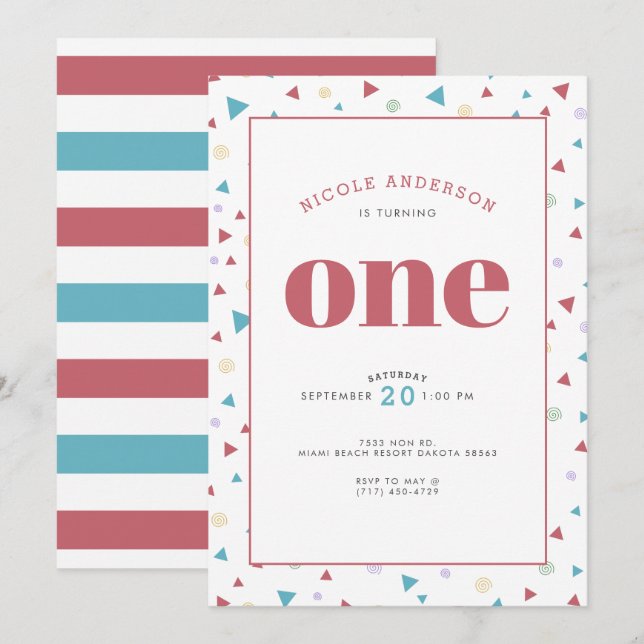 Chic Geometric Triangle and Swirls First Birthday Inbjudningar (Fram/baksida)