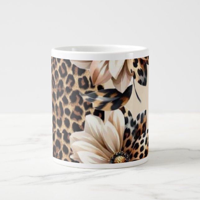 Chic Gepard Djurtryck & Blommor Bärbar Datordekal Jumbo Mugg (Framsidan)