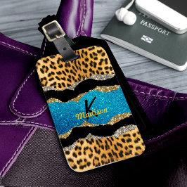 Chic gigantisk turkos glitter monogram bagagebricka