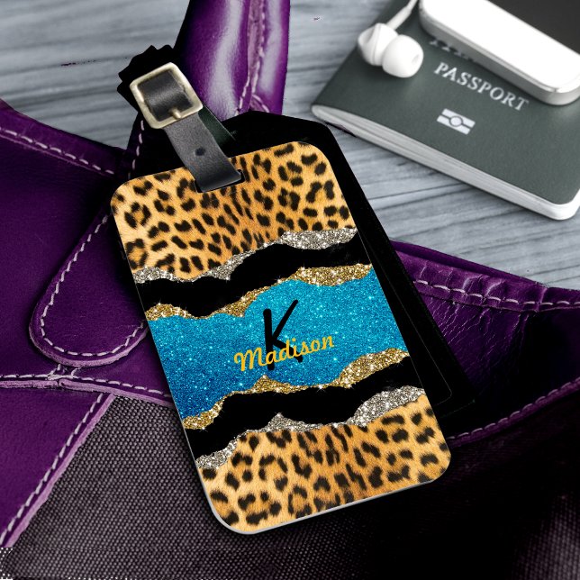 Chic gigantisk turkos glitter monogram bagagebricka (Skapare uppladdad)