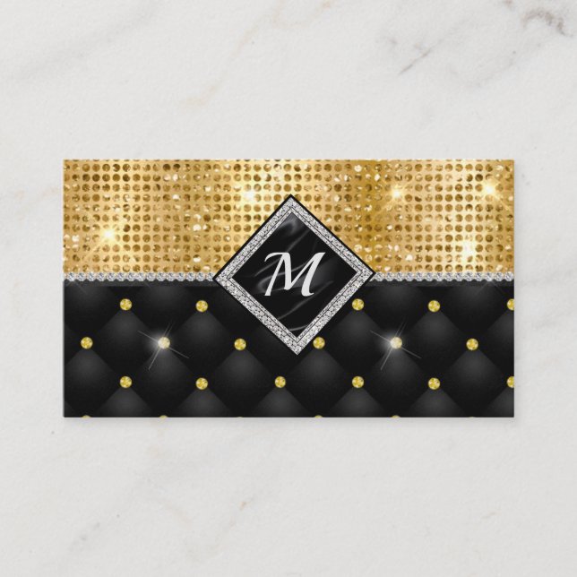 Chic gigfaux glitter guld svart monogram tidsbeställning kort (Framsida)