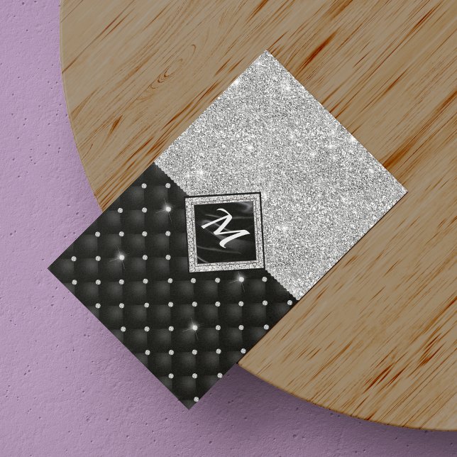 Chic gigfaux glitter silver svart monogram magnetiska visitkort (Skapare uppladdad)