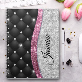 Chic gigfaux Silver glitter svart rosa monogram Anteckningsbok