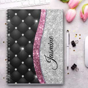 Chic gigfaux Silver glitter svart rosa monogram Anteckningsbok