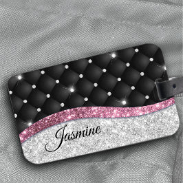 Chic gigfaux Silver glitter svart rosa monogram Bagagebricka