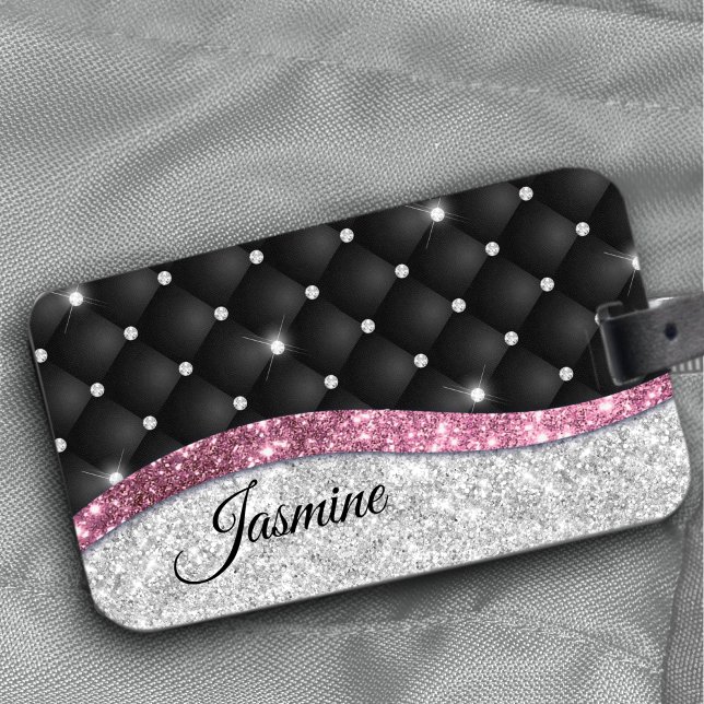 Chic gigfaux Silver glitter svart rosa monogram Bagagebricka (Skapare uppladdad)