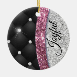 Chic gigfaux Silver glitter svart rosa monogram Julgransprydnad Keramik