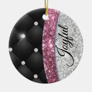Chic gigfaux Silver glitter svart rosa monogram Julgransprydnad Keramik