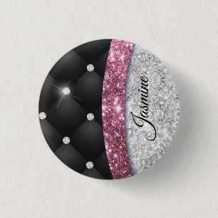 Chic gigfaux Silver glitter svart rosa monogram Knapp